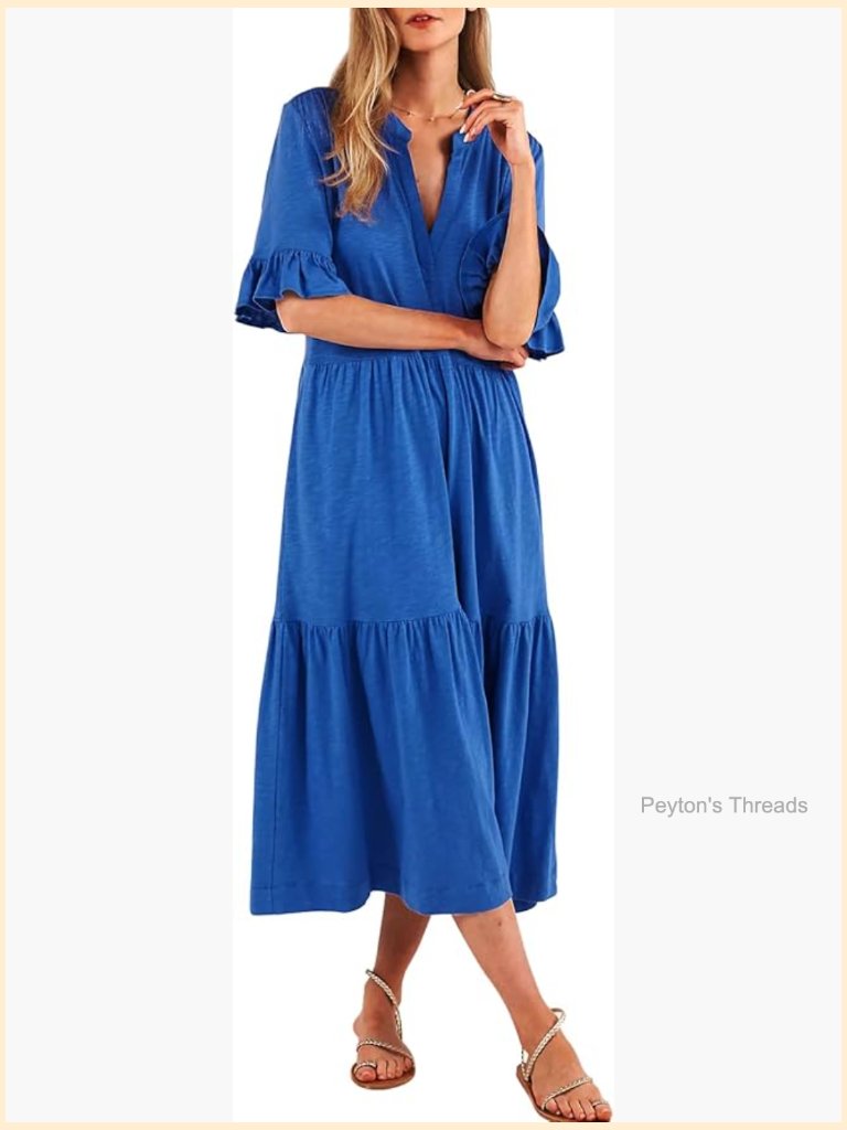 Maxi Dress With Pockets V Neck Short Sleeve A Line Tiered Loose Casual Long